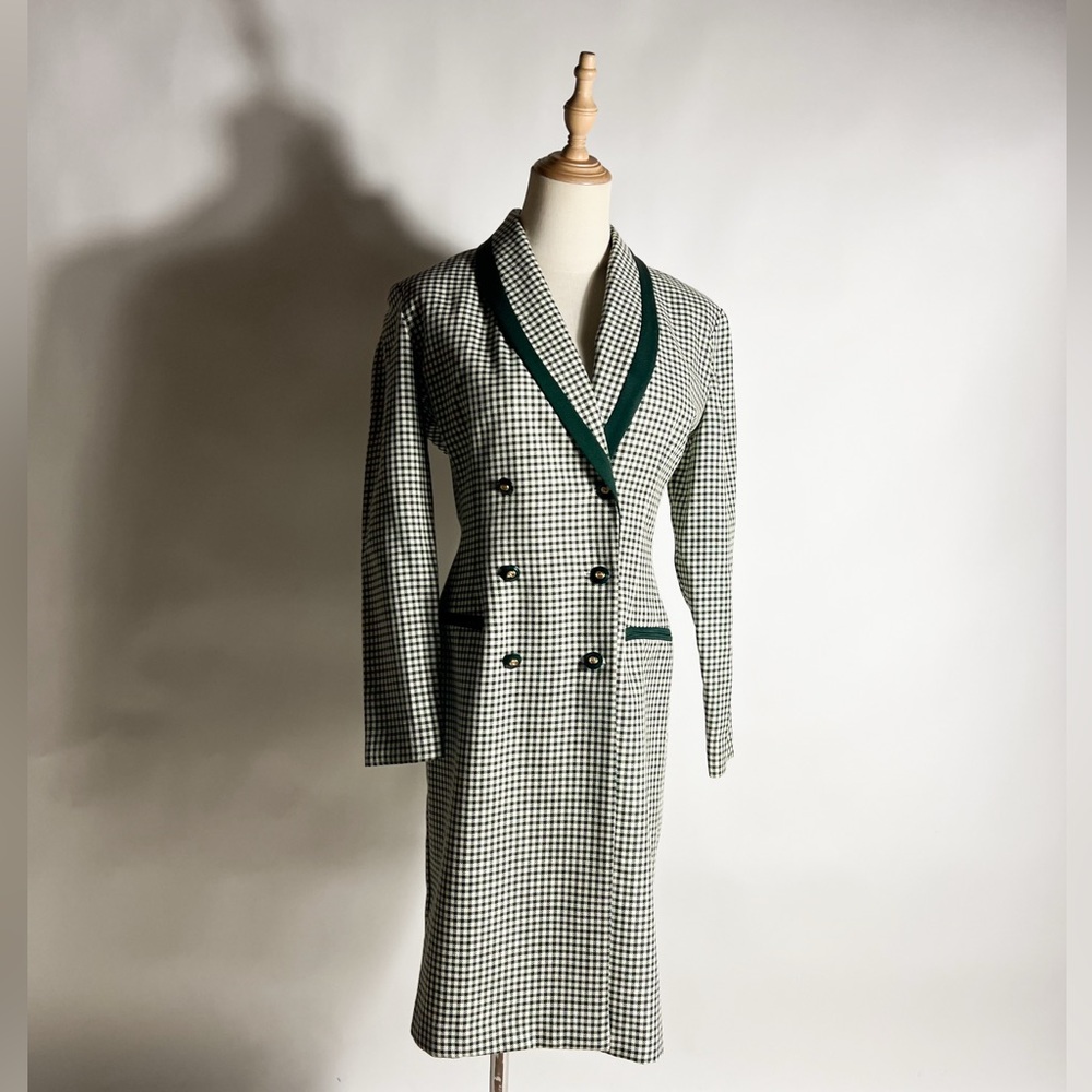 VINTAGE Dark Green White Check Plaid Longline Blazer Jacket 4 petite